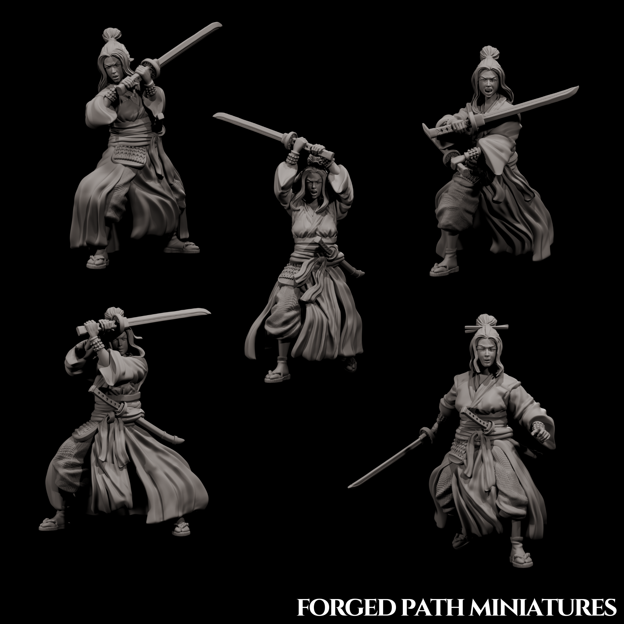 Japanese Ronin Swordswomen – 5 Female Samurai Warriors with Katana | Bushido STL Miniatures